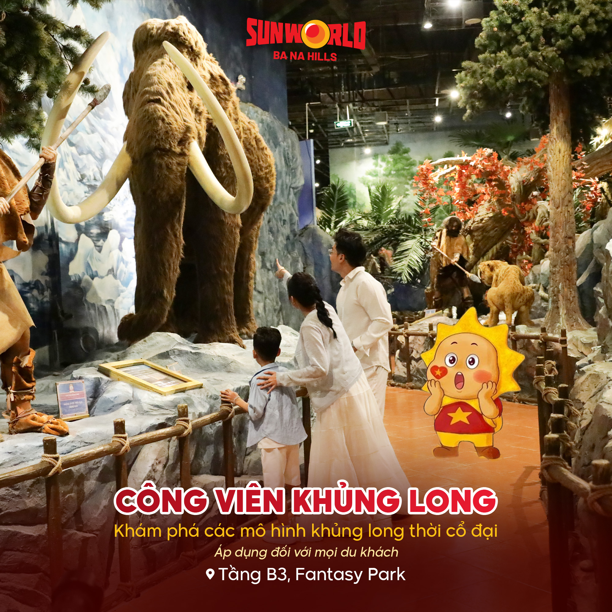 Cảnh trong Công viên Khủng Long tại Bà Nà Hills, trẻ em khám phá mô hình khủng long.